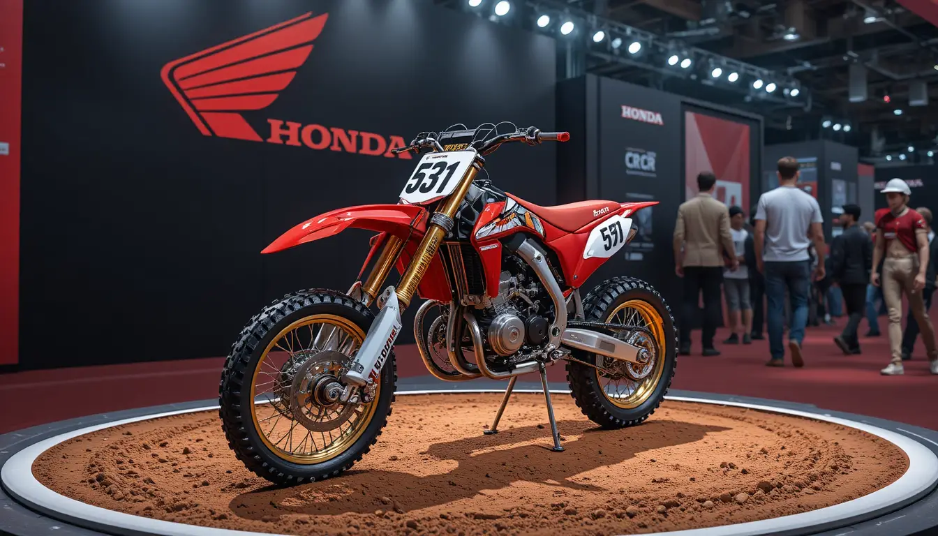 Rotes Honda Concept-Motocross-Bike auf Dirt-Plattformdisplay