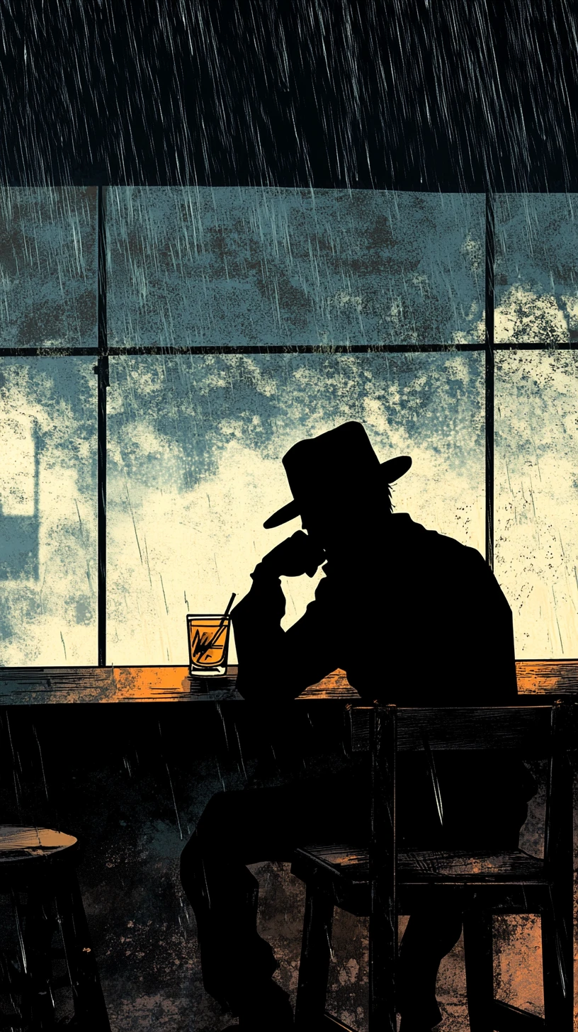 Lonely detective at a dim bar in noir comic style