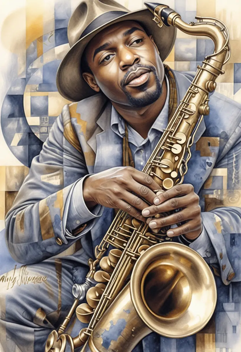 Portrait cubiste d’un saxophoniste de jazz en profonde concentration