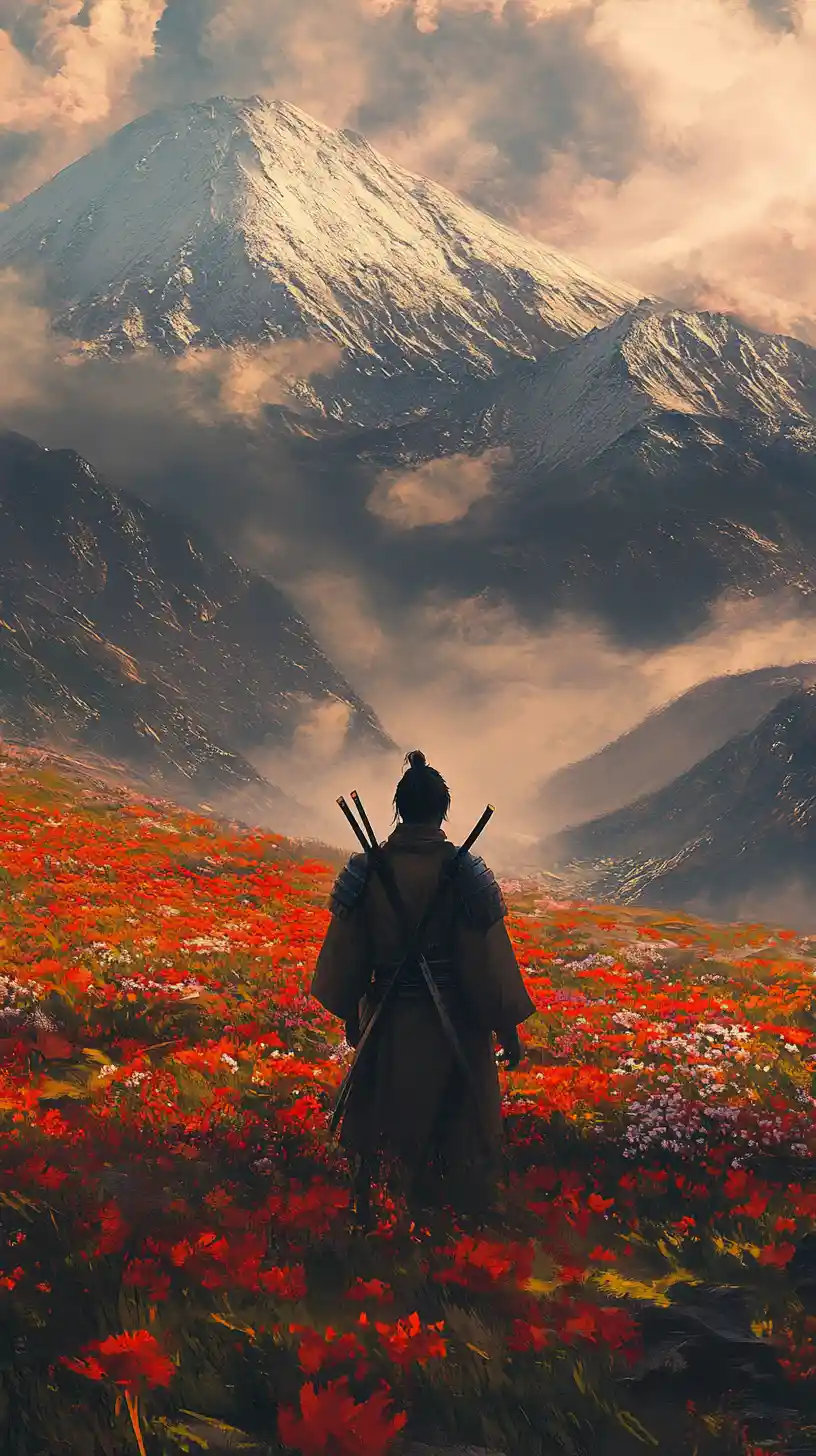 Samurai che osserva un campo di fiori davanti a montagne lontane