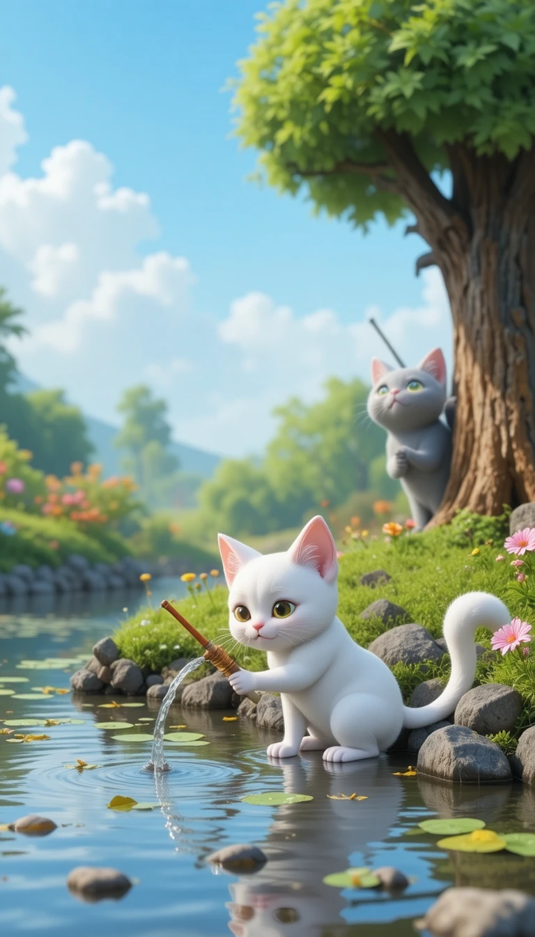Two cartoon cats fishing together at a quiet pond