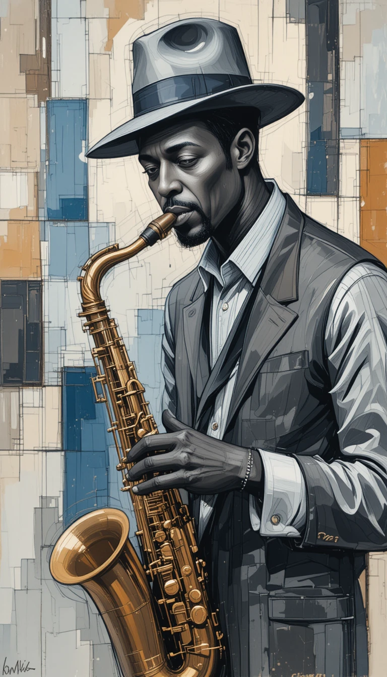 Cubist portrait of a jazz saxophonist in soft blue tones