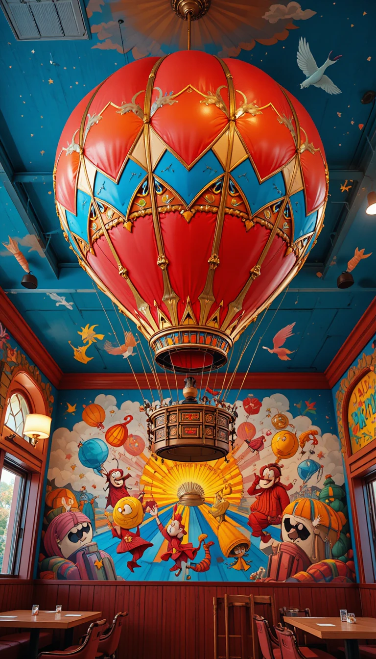 Mongolfiera colorata sopra murale giocoso in ristorante