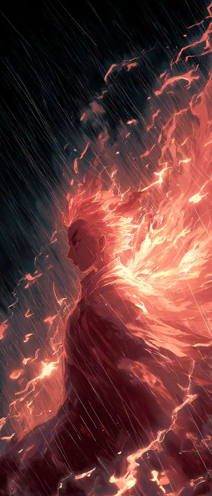 Fenice che Rinasce dalle Ceneri in un Cielo Fantasy Tempestoso
