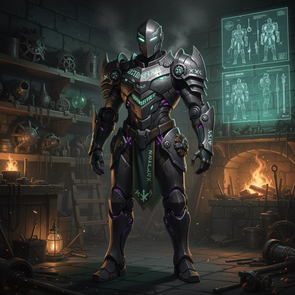 Dark fantasy artificer in heavy magical armor