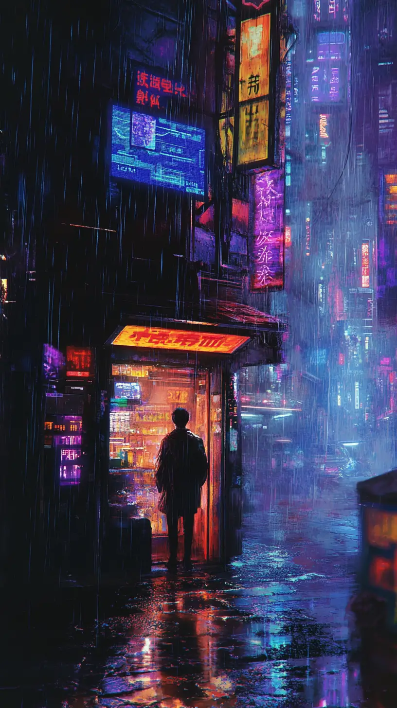 Lone figure in doorway overlooking rainy cyberpunk streets