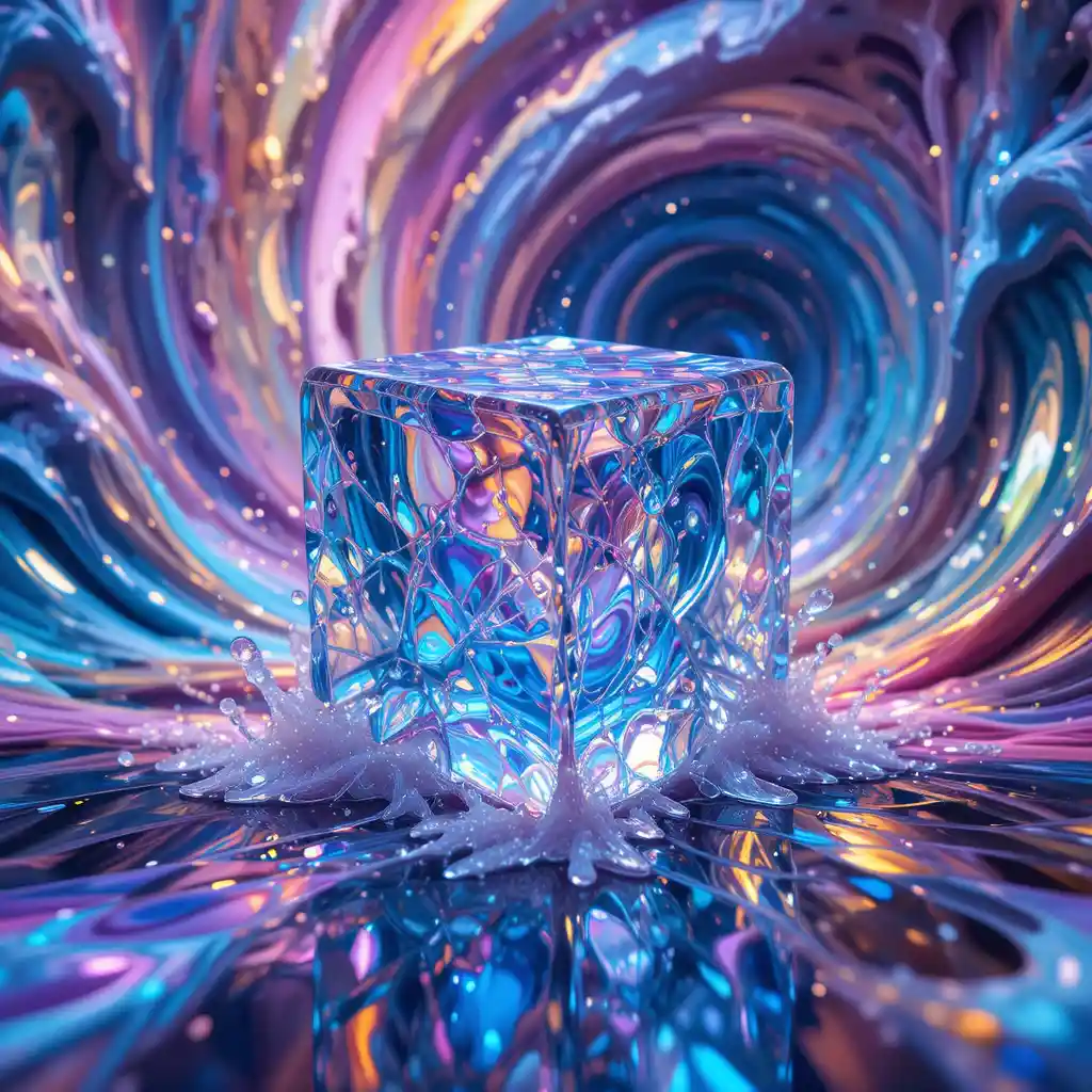 Melting Ice Cube In A Vortex Of Iridescent Color