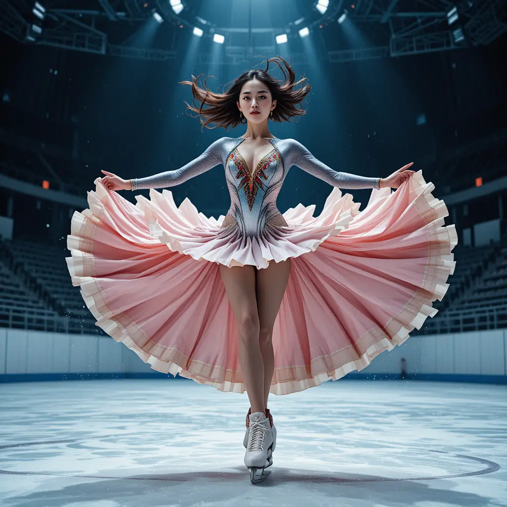 Korean figure skater spinning in a radiant metallic costume
