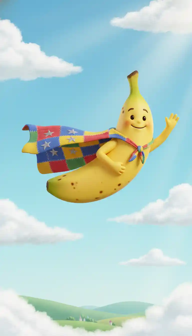 Allegro eroe banana volante in un cielo azzurro soffice