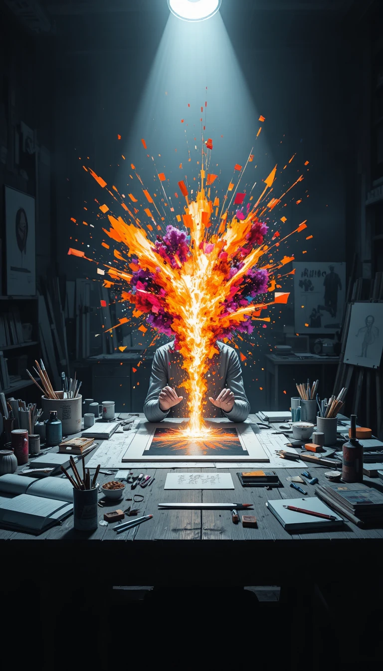 Artist hands ignite a vibrant burst of creative studio energy
