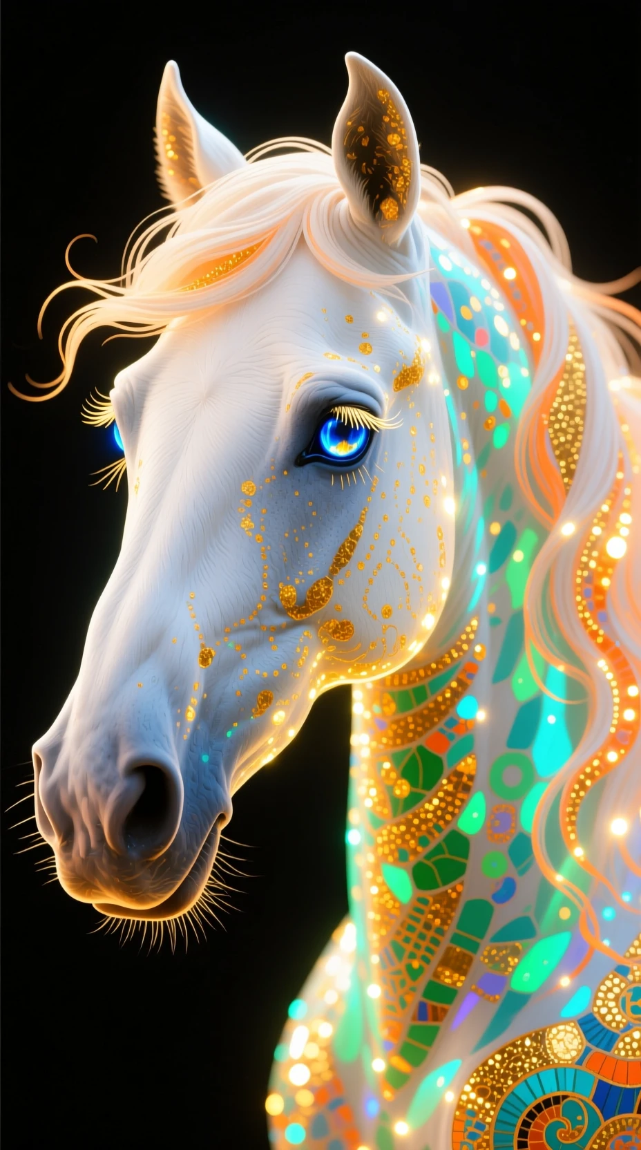 Cavallo luminescente dai colori radiosi su sfondo scuro