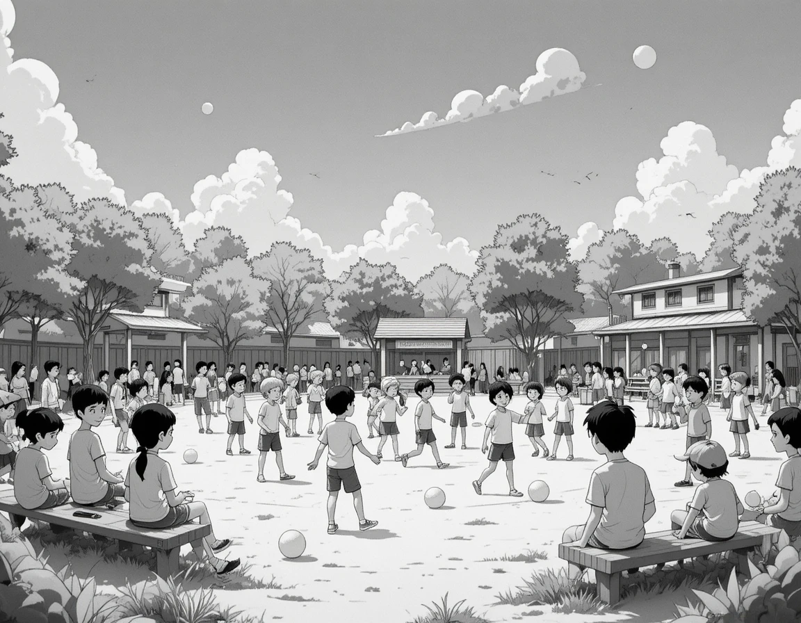 Overhead playground scene with children playing together