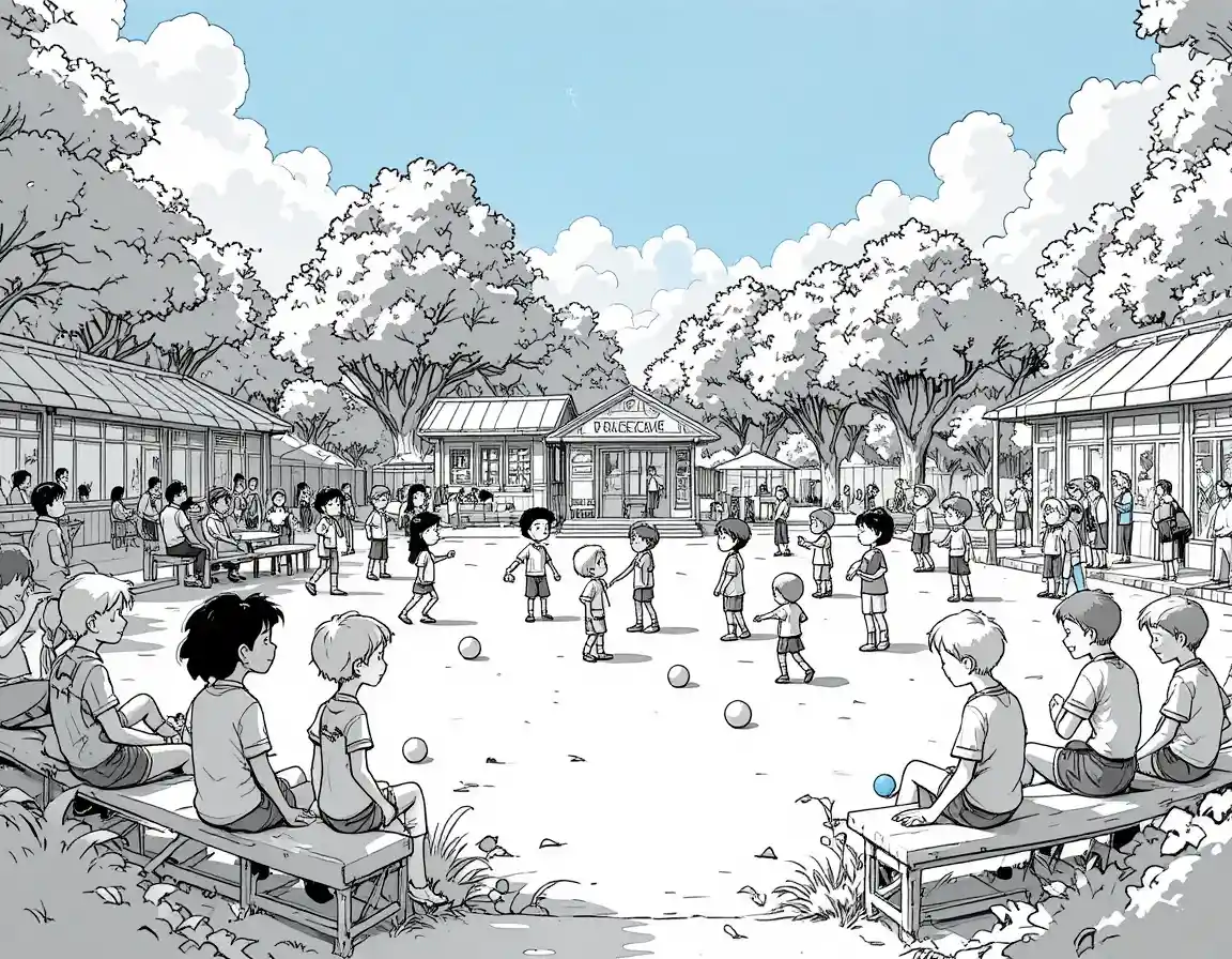 Dessin en noir et blanc d’enfants jouant dans une aire de jeux