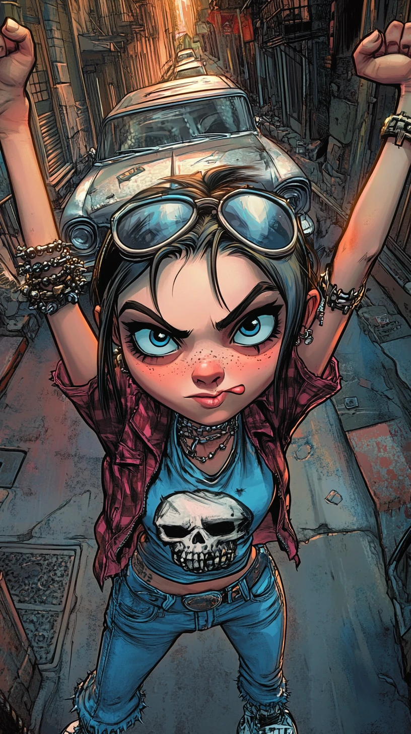 Rebellious punk girl posing in a neon lit city alley