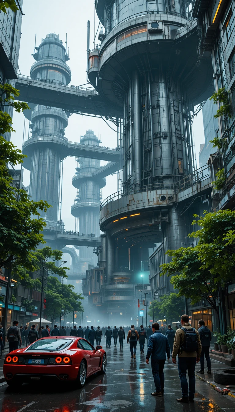 Futuristic city street with red sports car and crowd