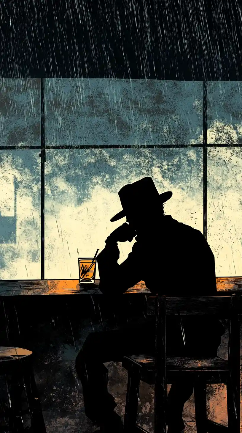 Einsamer Detektiv an einer düsteren Bar im Noir-Comic-Stil