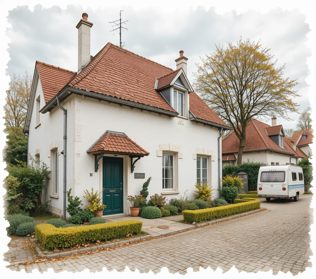 Luftaufnahme eines traditionellen weißen französischen Hauses mit Garten