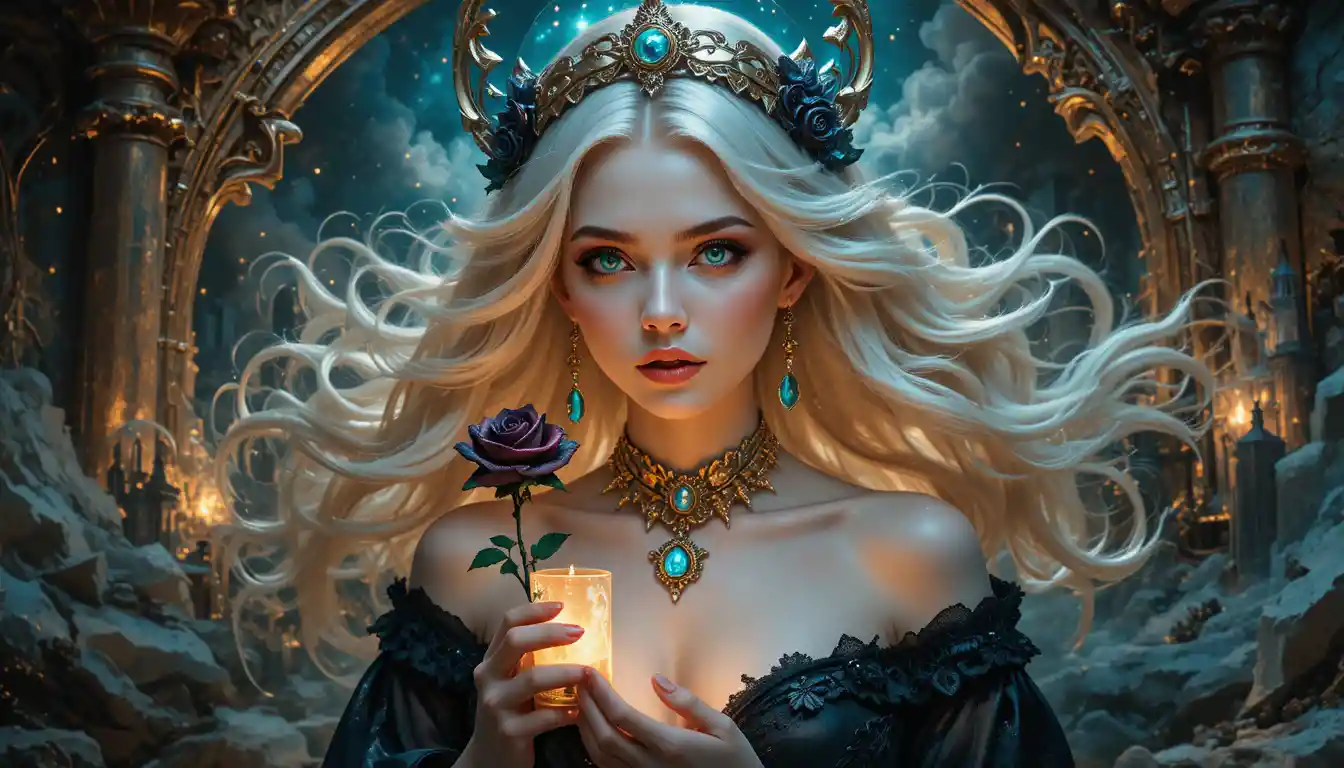 Gothic vampire widow holding a single black rose