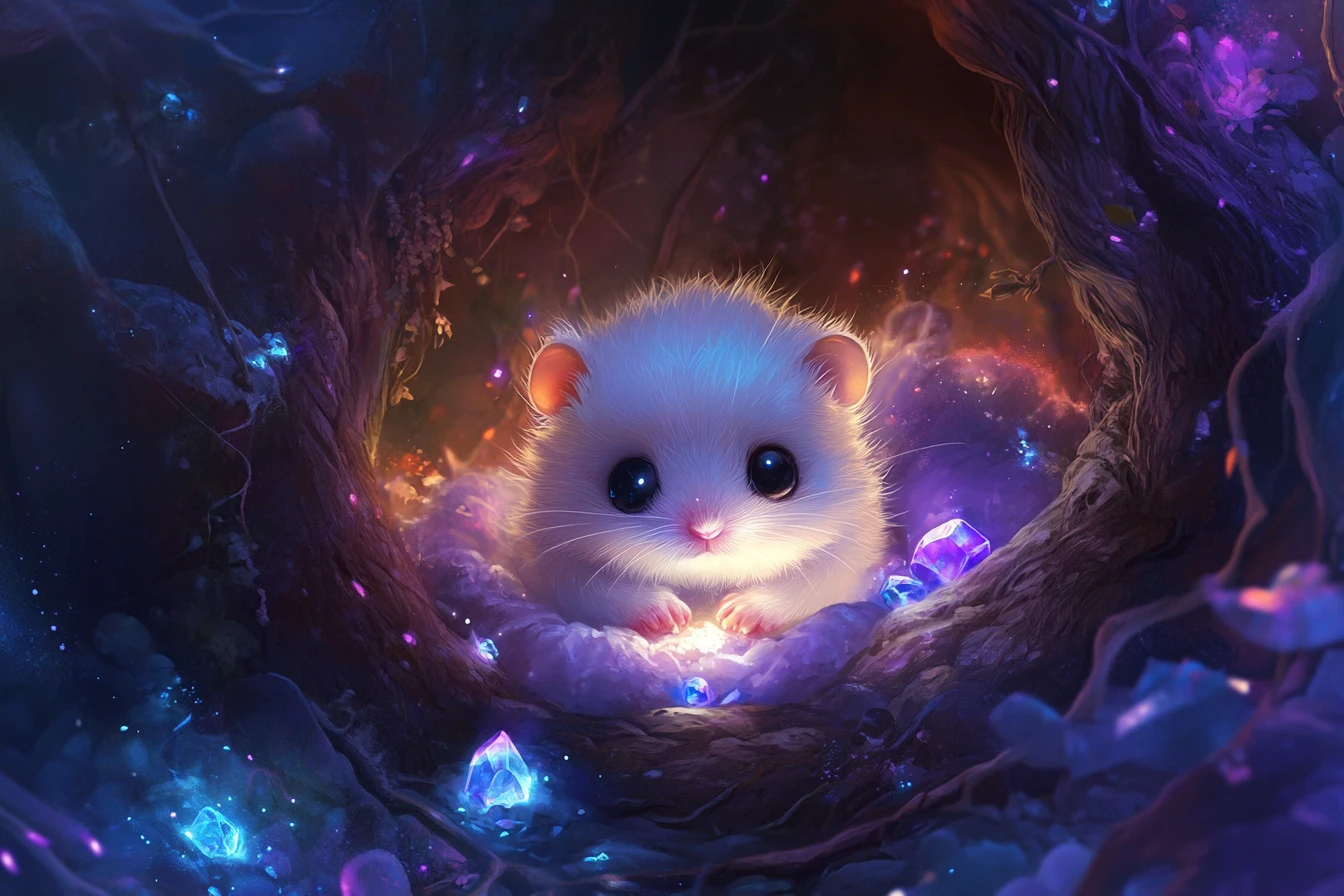 魔法の宝石に満ちた巣穴のかわいい赤ちゃんハムスター