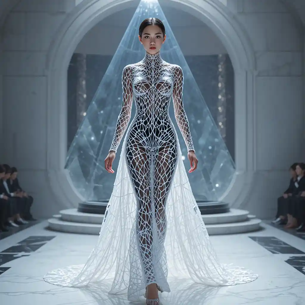 Korean model power walking in a shimmering nano web gown