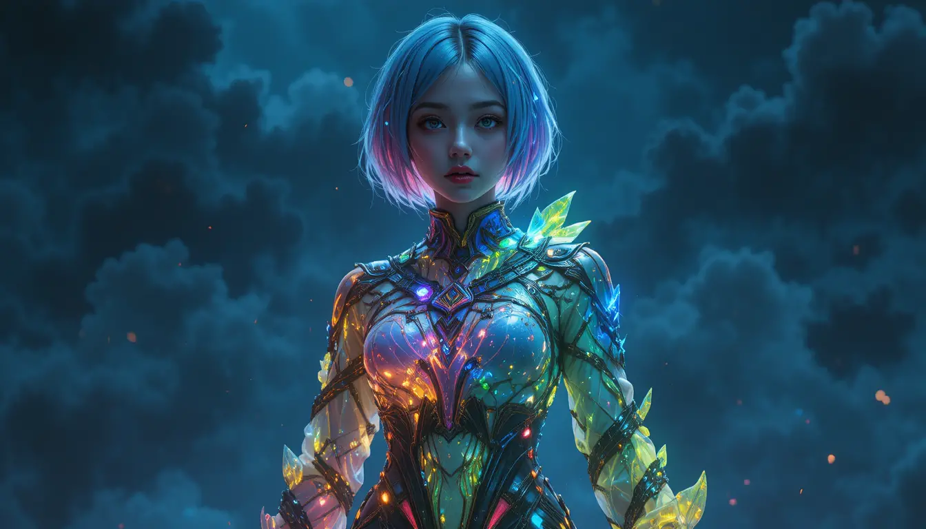 黑暗天空下身著發光衣裝的神秘女子