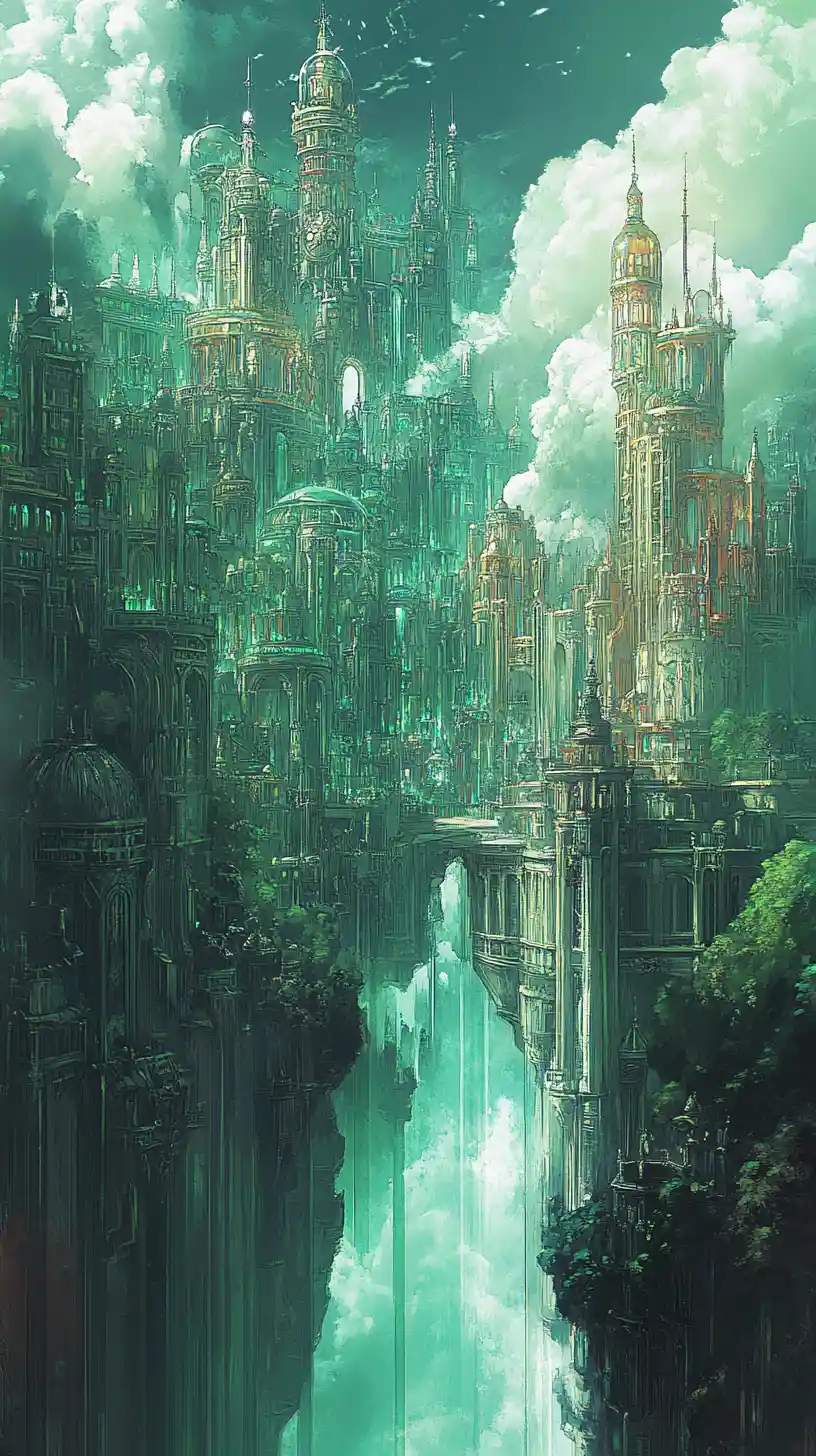 Dreamlike crystal palace rising over a baroque fantasy city