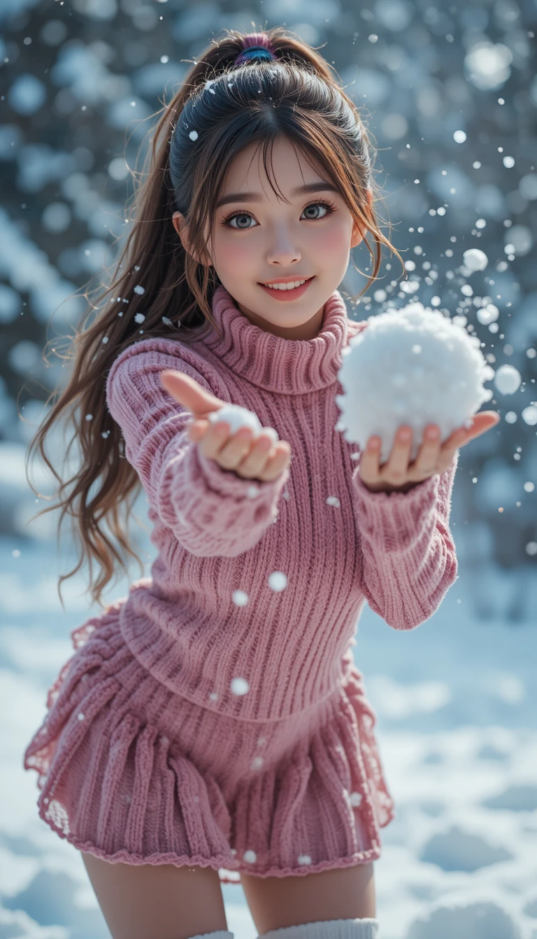 Niña alegre lanzando una bola de nieve en un paisaje nevado