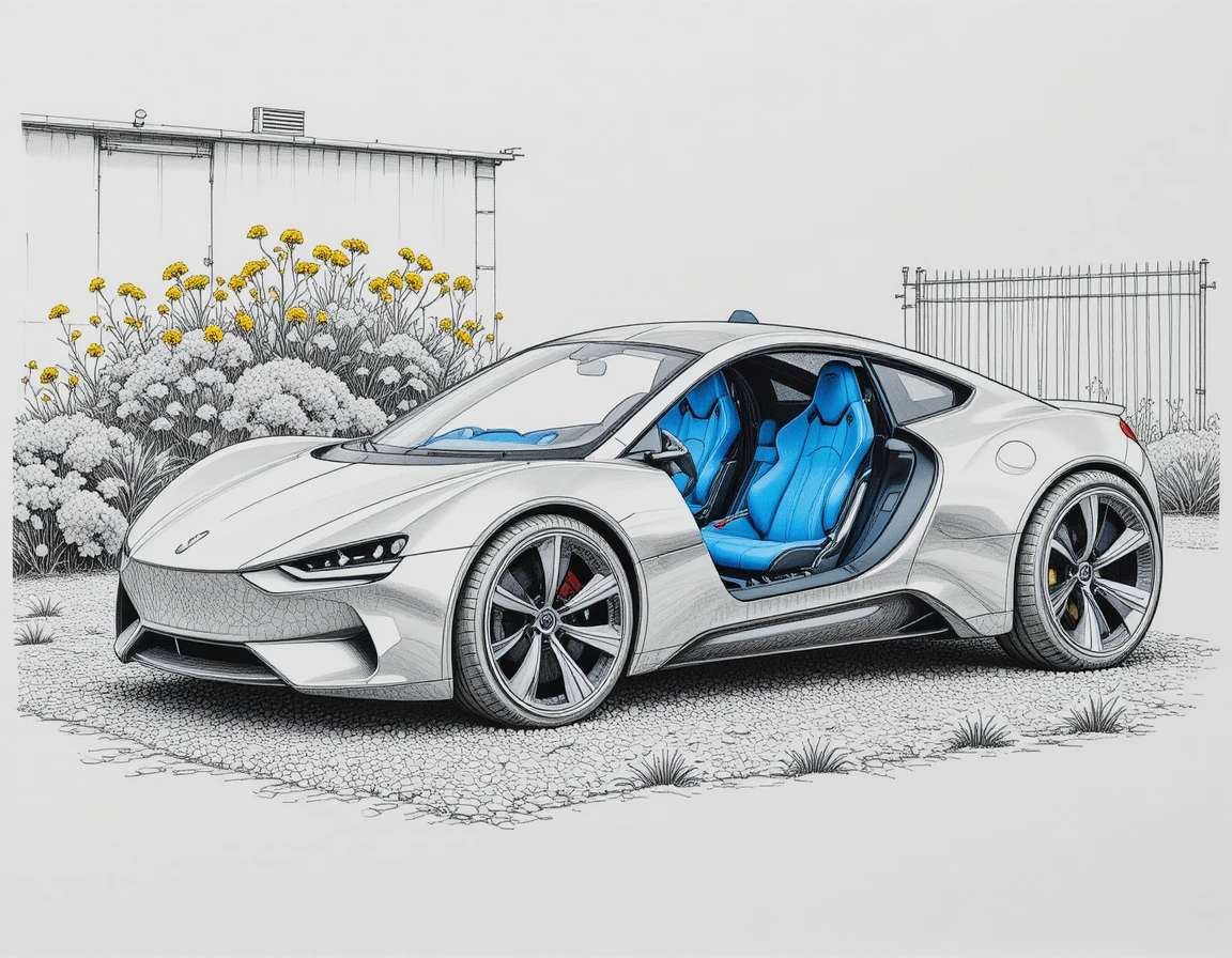 砂利の上で建物の横に駐車された未来的なシルバーカー