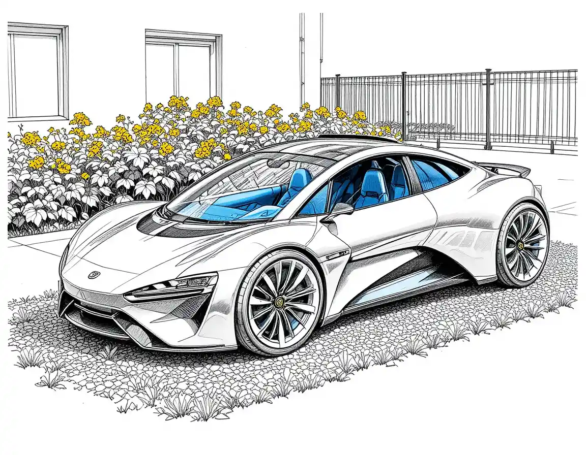Voiture futuriste argentée avec toit solaire garée sur du gravier