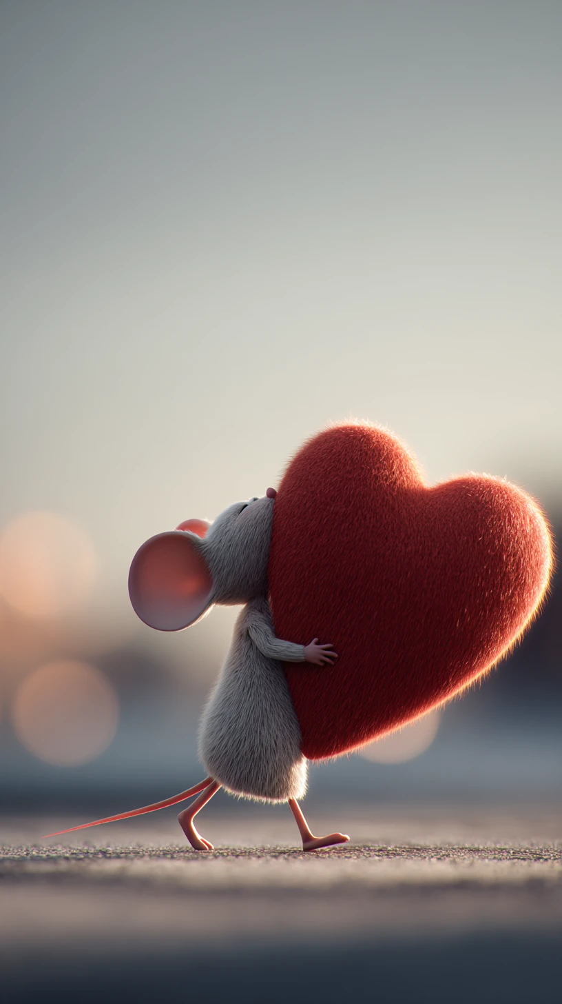 Topolina cartoon 3D che porta un enorme cuore rosso