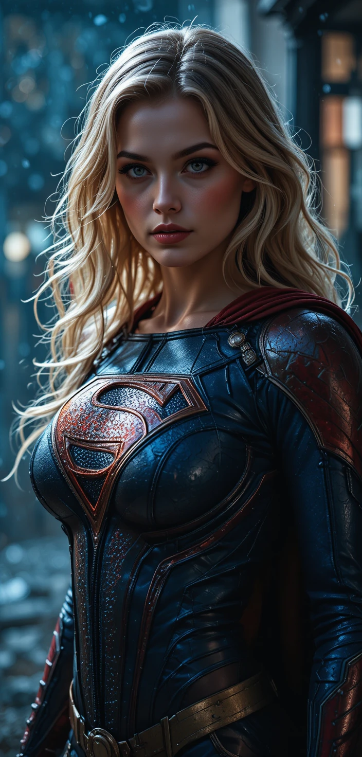 Super-heroína sensual à noite em luz cinematográfica dramática