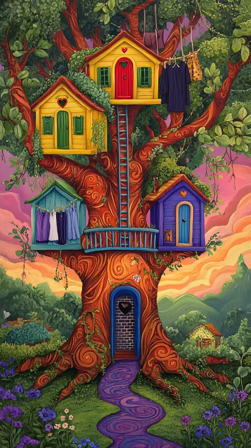Whimsical treehouse village in a colorful fantasy tree