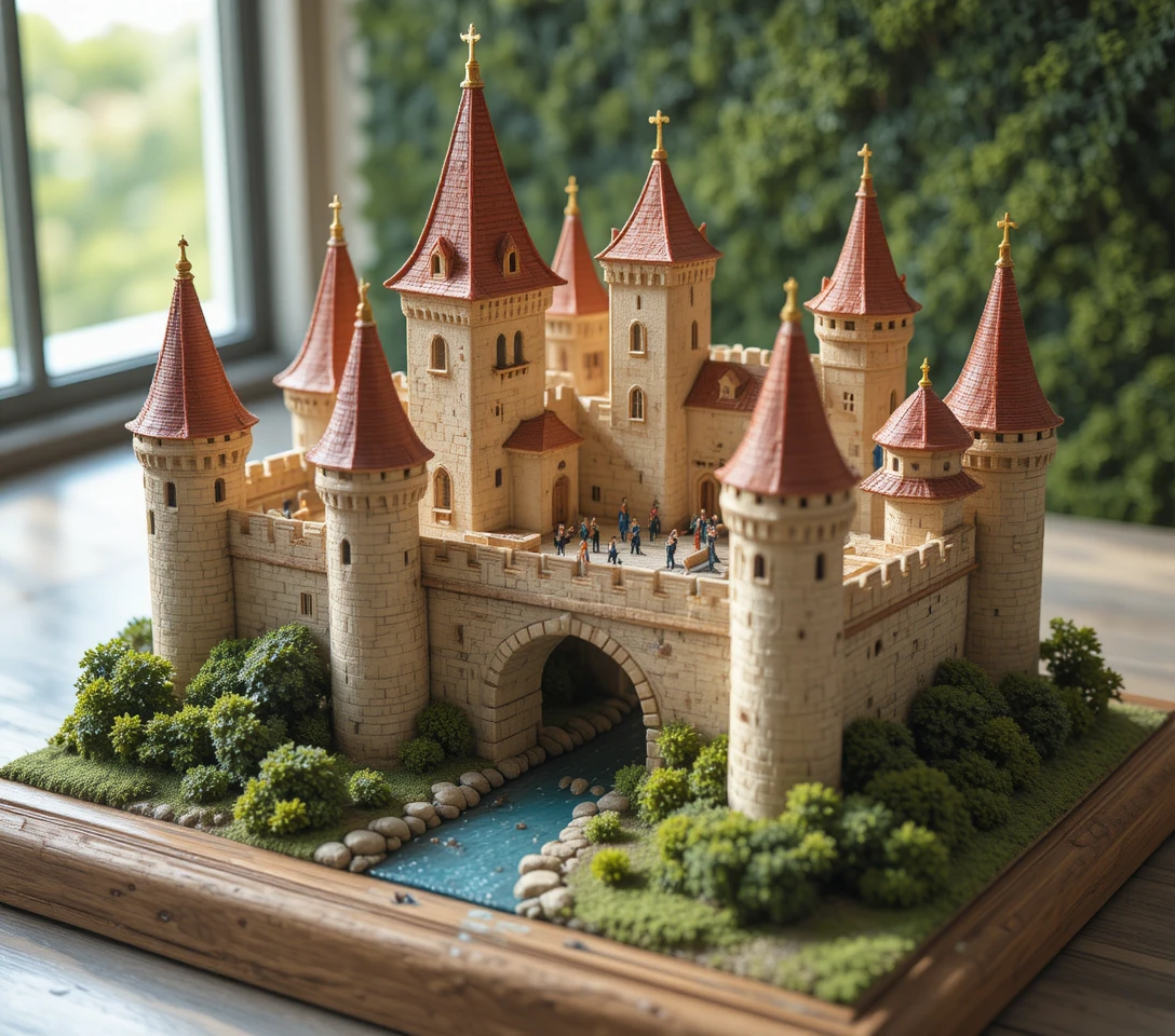 Detailed medieval castle model with river and greenery