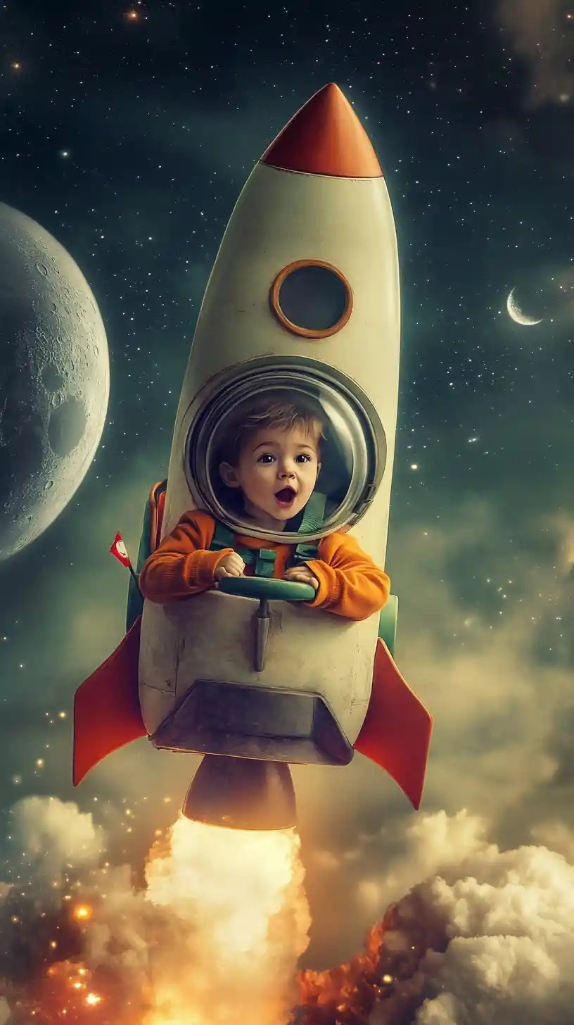 Child astronaut in vintage rocket flying toward the moon