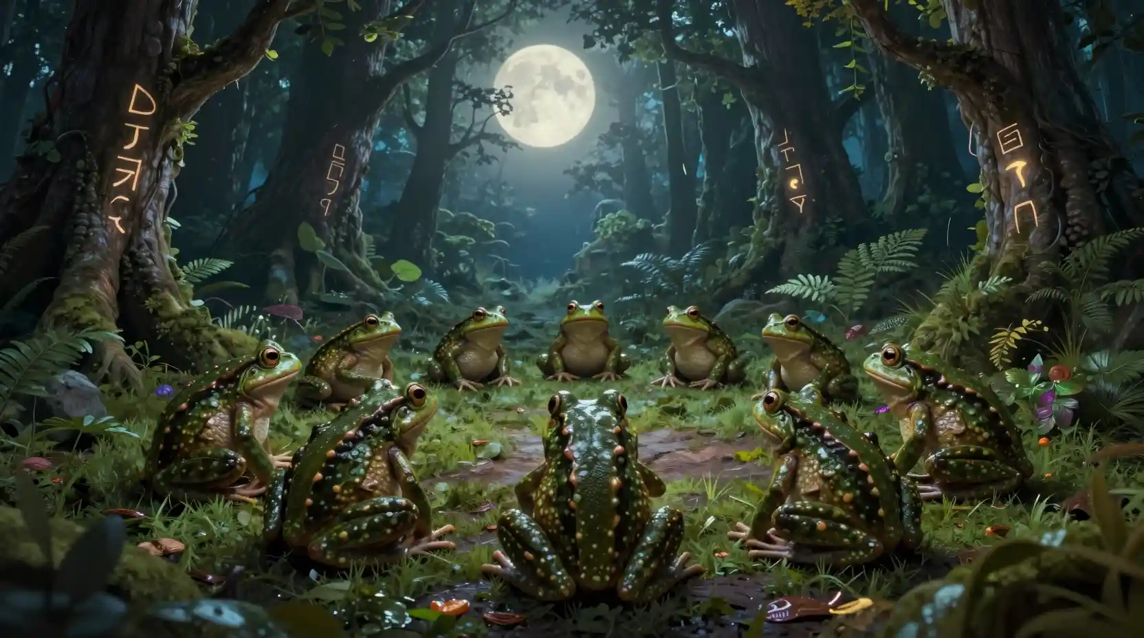 Circle of wise frogs in a moonlit enchanted forest clearing