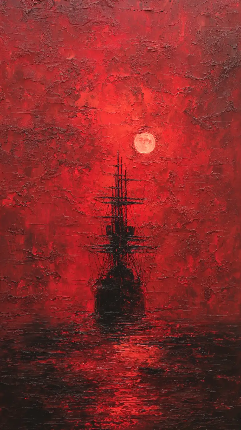 Ghostly sailing ship beneath a pale moon in red sky