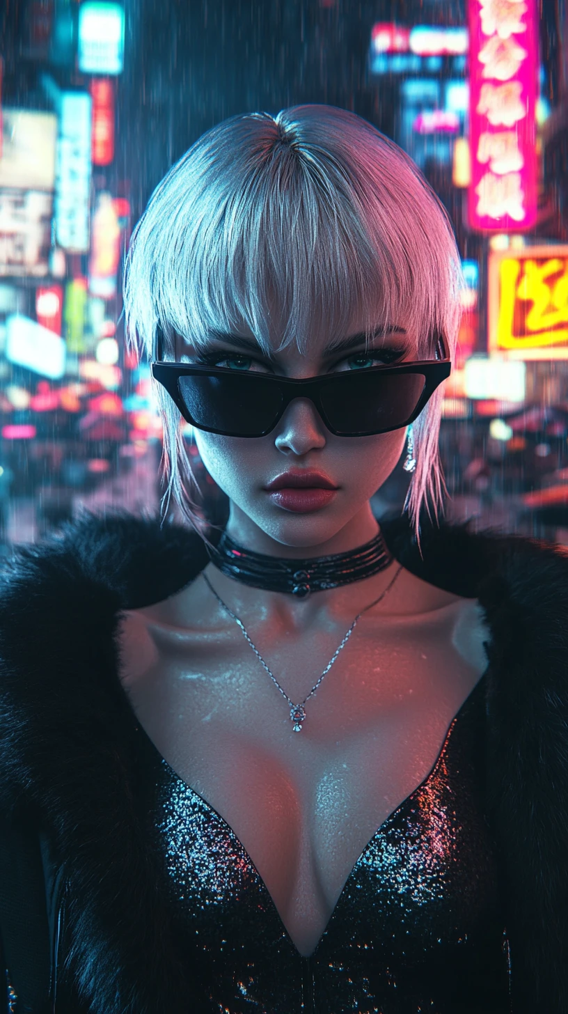 Futuristic woman on neon city street in the rain