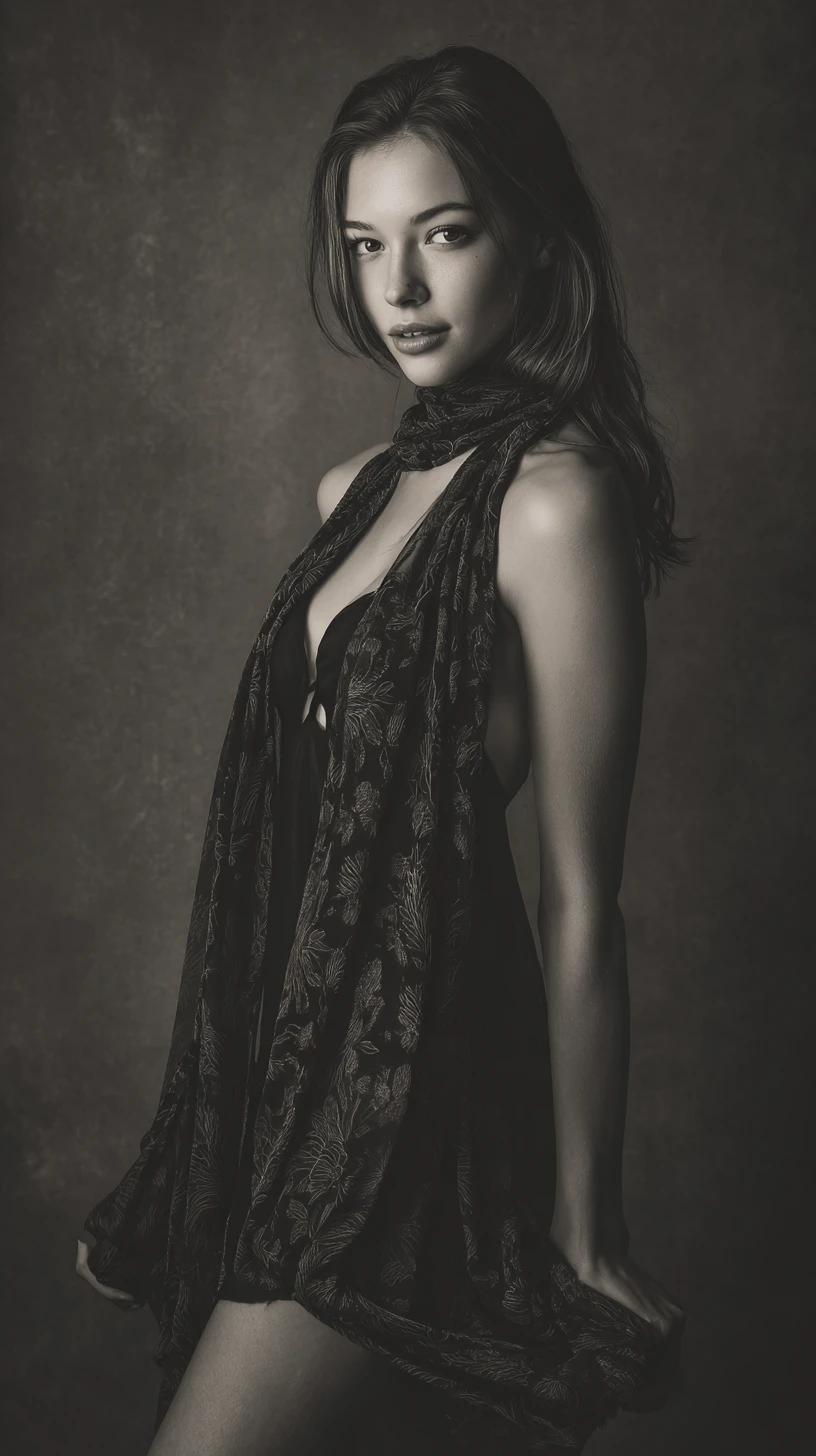 Tall slender woman posed in minimal chiffon shawl