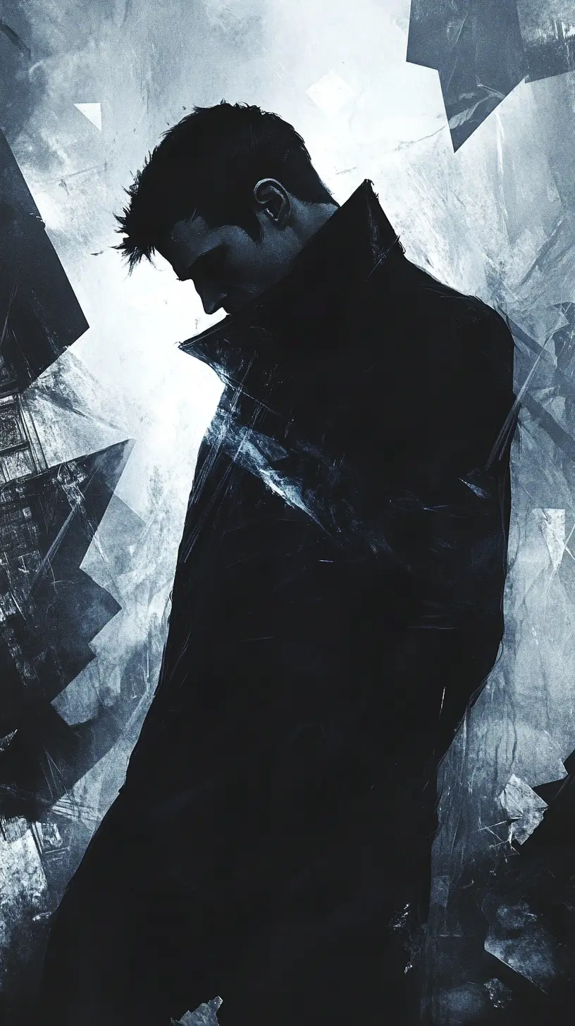 Mysterious man in coat amid broken glass and smoke