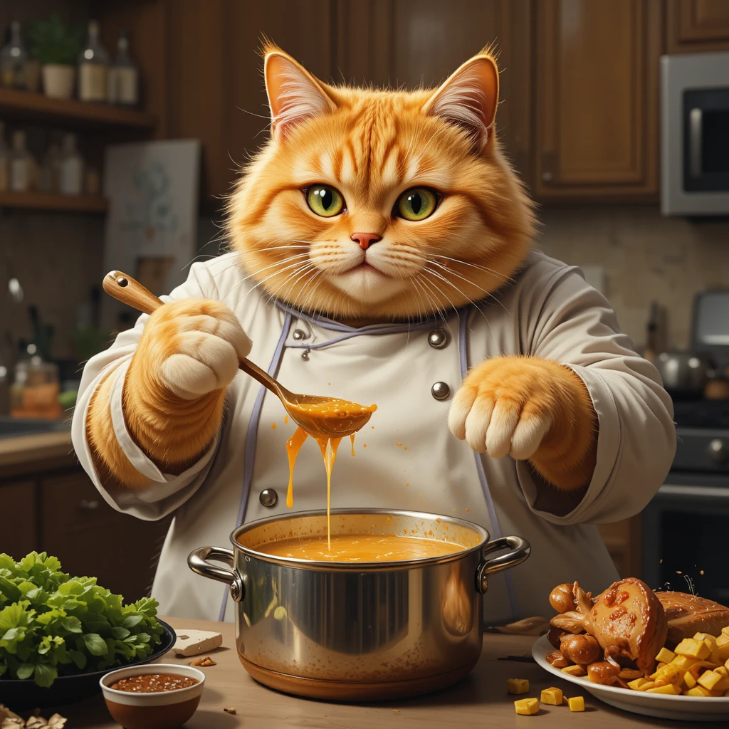 Dicker orangefarbener Kater probiert Suppe in einer gemütlichen Küche