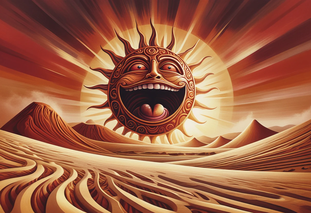 Géant soleil de dessin animé se levant au-dessus d’un vaste horizon désertique