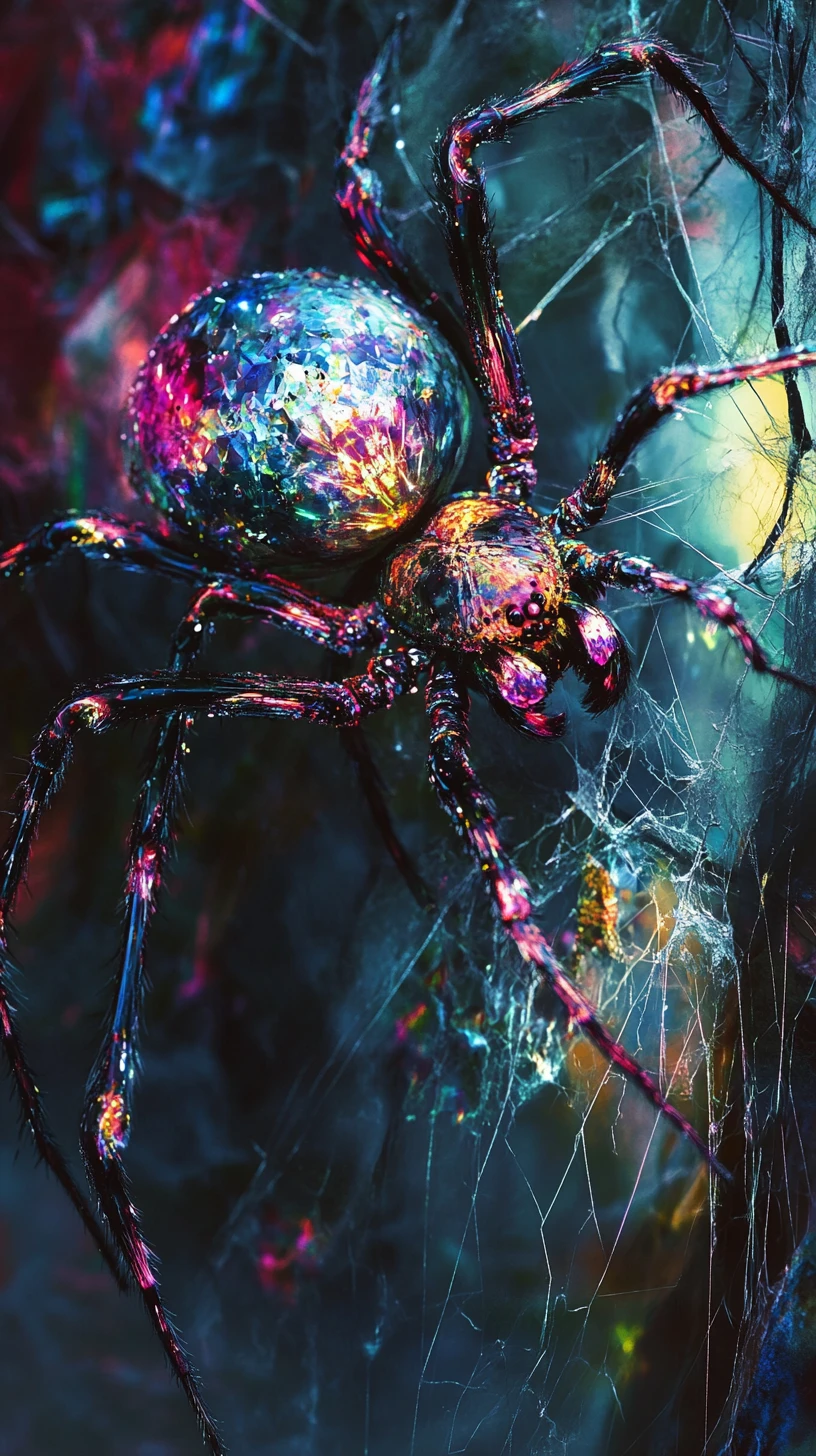 Araignée cybernétique néon sur un arbre en gros plan lumineux