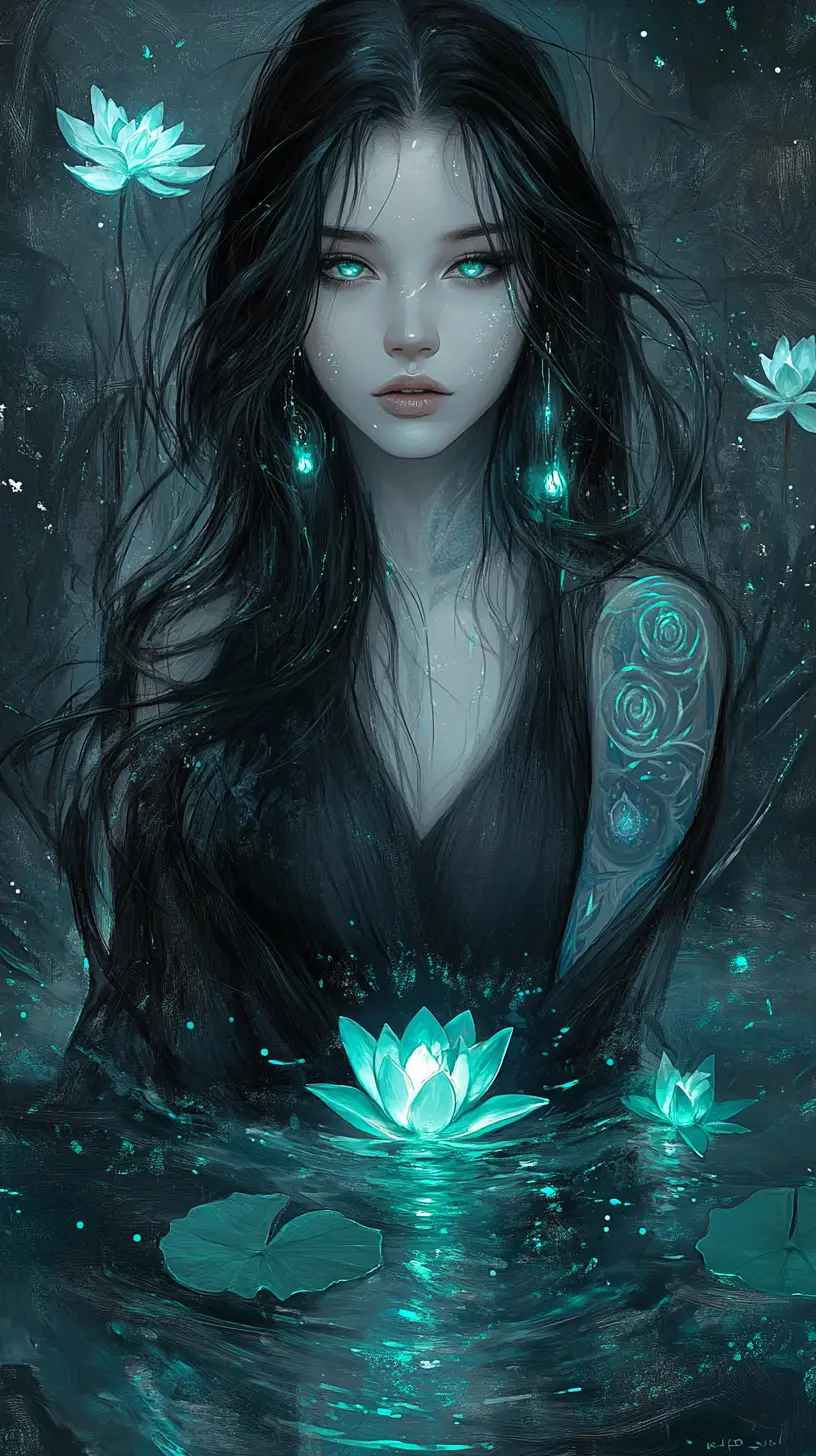 Ethereal rune tattooed woman rising from glowing lake