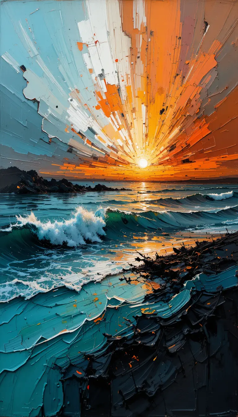 Abstract beach sunset with wild expressive brushstrokes