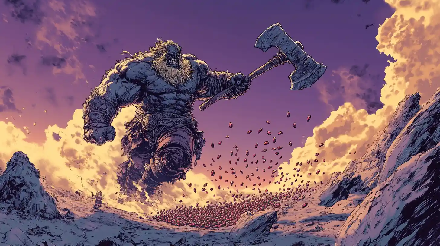Barbarian warrior leaping to battle giant chili peppers