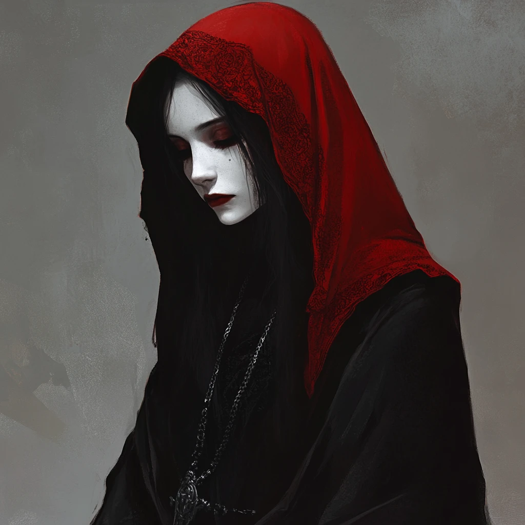 Dark fantasy cleric woman in red hood and black robes