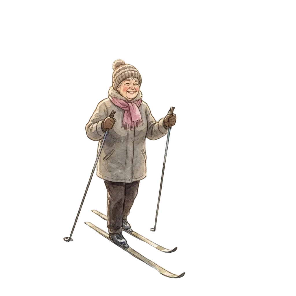 日差しが差し込む雪の松林を滑るおばあちゃん