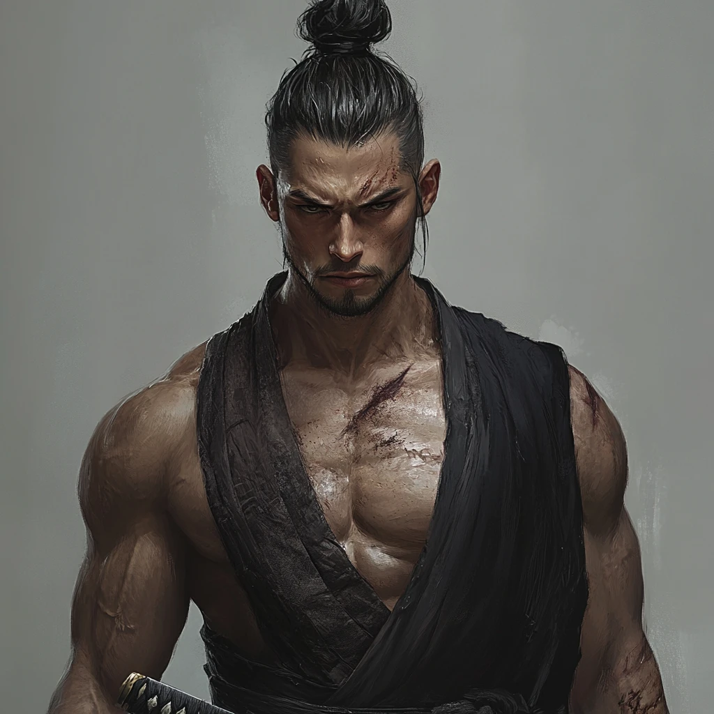 Dark fantasy monk warrior with blade and top knot hair