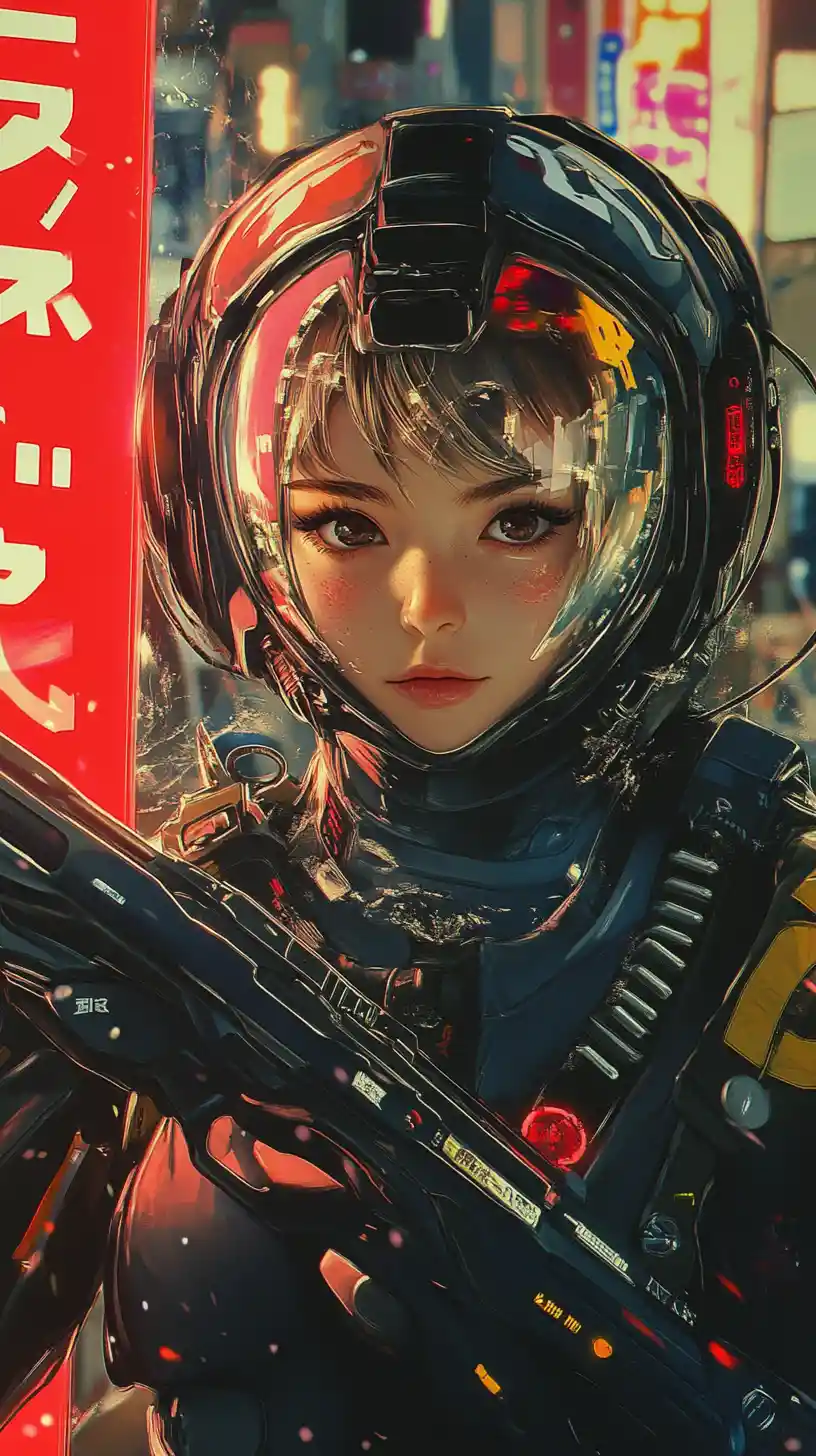 Cyberpunk anime girl pilot with neon city lights