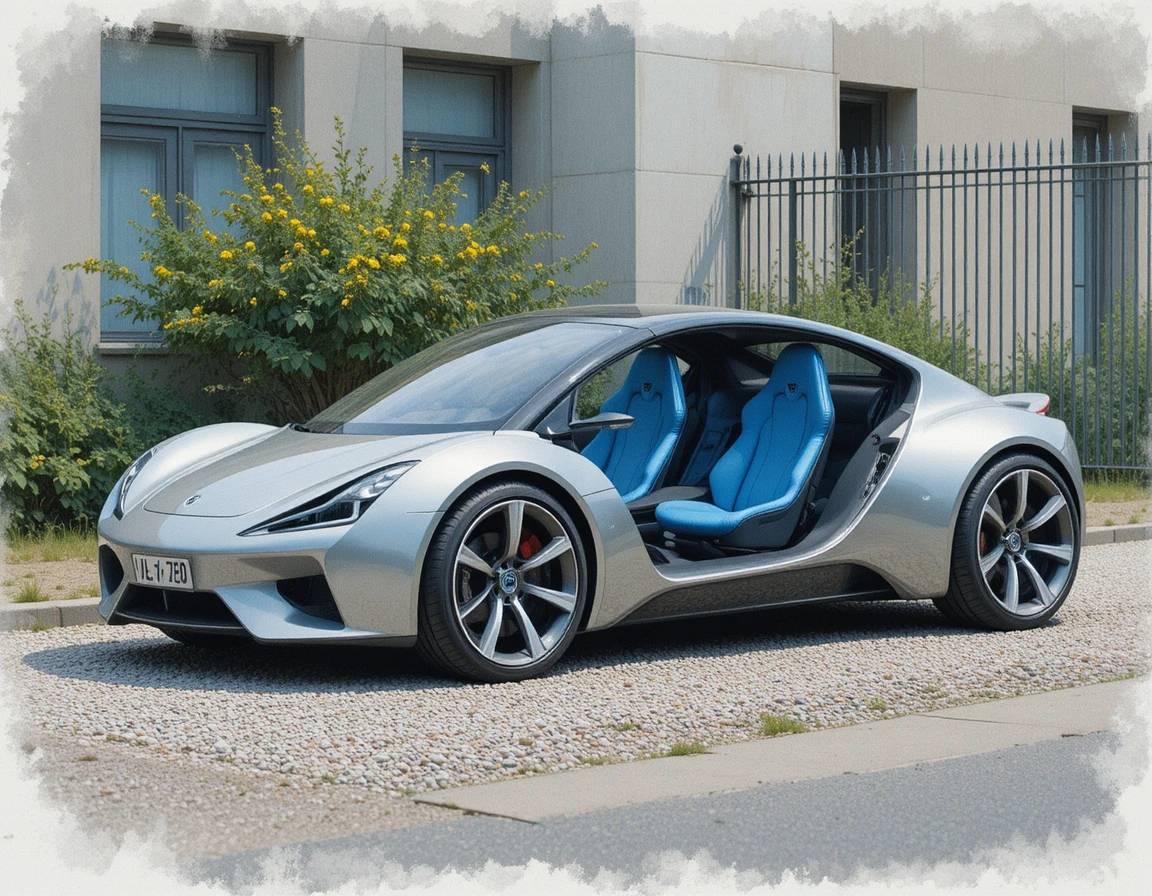 Futuristisches silbernes Auto mit blauen Sitzen auf einem Kiesparkplatz